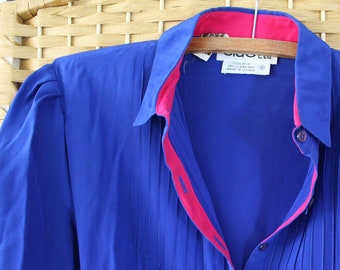 1970s 80s Ciao Ltd B Altman Blue and Magenta Silk Belted Shirt Dress Made in Korea Size 14 Fits like Medium