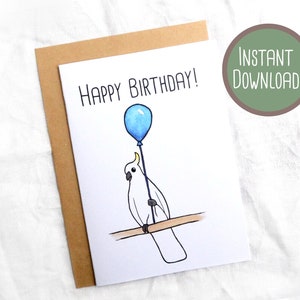 Cacatua imprimível com balão Cartão de aniversário em aquarela de animal australiano / Cartão de felicitações para impressão / Download instantâneo Impressão de cartão de aniversário