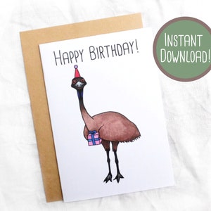 Emu imprimível com presente cartão de aniversário em aquarela de animal australiano // Cartão de felicitações para impressão // Download instantâneo Impressão de cartão de aniversário