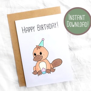 Printable Cute Platypus with Cupcake Australian Animal Watercolour Birthday Card // Printable Greeting Card // Instant Download Card Print