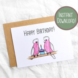Galahs para impressão com cupcake Cartão de aniversário em aquarela de animal australiano // Cartão de felicitações para impressão // Download instantâneo Impressão de cartão de aniversário