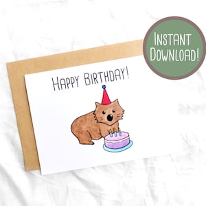 Wombat imprimable avec carte d'anniversaire aquarelle animale australienne de gâteau // Carte de voeux imprimable // Téléchargement instantané Carte d'anniversaire Imprimer