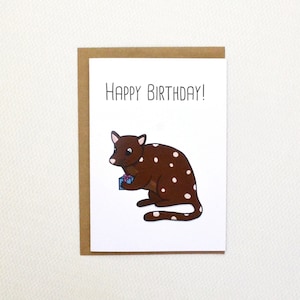 Quoll Holding Present Cute Australian Animal Greeting Card // Happy Birthday Digital Design Printed Birthday Card