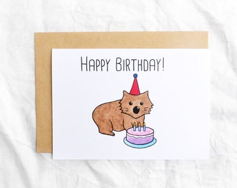 Wombat and Cake Australian Animal Greeting Card // Happy Birthday Watercolour Print // Cute Card