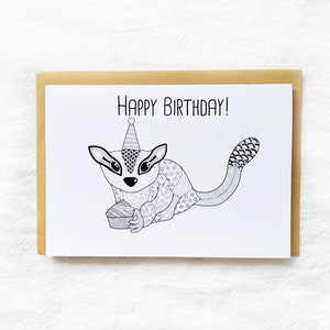Zentangle Sugar Glider met Cupcake Australisch dier Happy Birthday / / Wenskaart Mandala Style Print Schattig Dier met Envelop