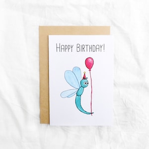 Silly Dragonfly with Balloon // Cute Bug Animal Happy Birthday Card // Greeting Card Watercolour Handmade Print