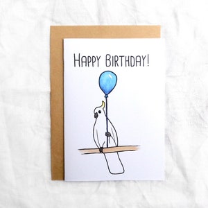 Cute Cockatoo with Balloon Australian Bird Greeting Card // Happy Birthday Australian Animal Handmade Watercolour Print
