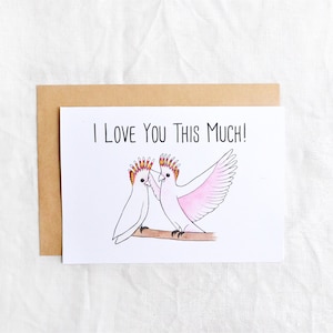 Cartão de dia dos namorados cacatua de animais australianos fofos eu te amo Major Mitchell rosa cacatua artesanal impressão em aquarela
