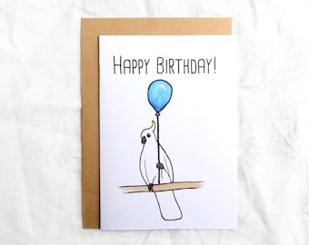 Cute Cockatoo with Balloon Australian Bird Greeting Card // Happy Birthday Australian Animal Handmade Watercolour Print