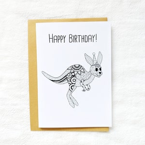 Zentangle Kangaroo Australian Animal Happy Birthday Grußkarte Mandala Style Print Süßes Tier mit Umschlag