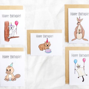5 Pack Cute Australian Animals Happy Birthday // Watercolour Greeting Card Prints // Koala, Kangaroo, Sugar Glider, Platpus, Wombat