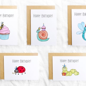 5 Pack Cute Funny Bugs Happy Birthday Cards // Greeting Card Pack Watercolour Bug Prints // Bee, Snail, Caterpillar, Ladybird, Dragonfly