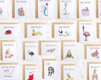 5 Pack Choose Your Own Birthday Cards // Cute Australian Animals and Bugs Greeting Cards // Handmade Watercolour Prints