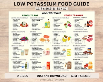 Low Potassium Diet Food List, Kidney Disease, Renal Diet, Potassium Meal Plan Guide, Potassium Foods Chart Poster, Potassium Grocery List
