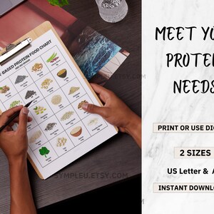 May include: A printable chart with a list of plant-based protein sources and their protein content per 100 grams. The chart is on a clipboard and is being held by a person's hand. The text "Meet Your Protein Needs" is in large black letters on a white marble background. The text "Print or Use Digital" is below the title. The text "2 Sizes" is in a brown rectangle. The text "US Letter & A4" is below the rectangle. The text "Instant Download" is below the text "US Letter & A4".