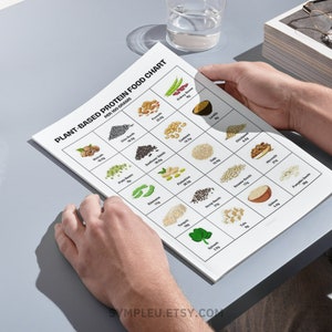 May include: A white chart with the title "Plant-Based Protein Food Chart" and a grid of 20 squares. Each square contains a picture of a different plant-based food, such as nuts, seeds, beans, and lentils. The chart also includes the protein content per 100 grams of each food.