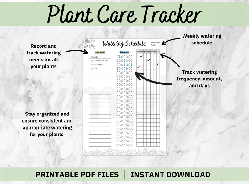 Plant Care Tracker that is Printable Plant Planner and includes Watering Schedule, Tracker, and  Plant Records.