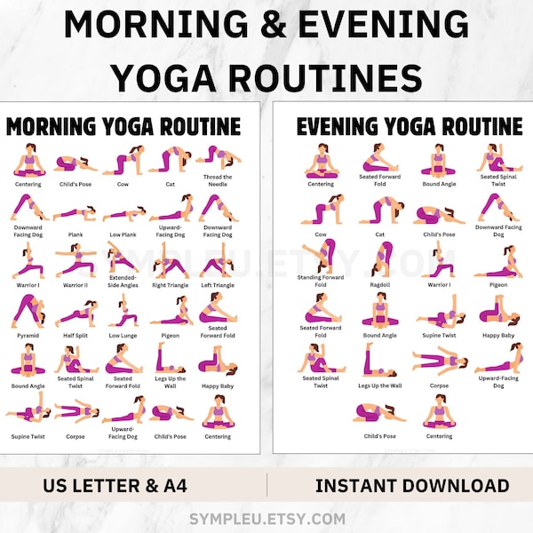 Morning and Evening Yoga Routine, Yoga Sequence, Yoga Poses Art Print, Morning Yoga Flow, Evening Yoga Flow, Yoga Illustration Templates PDF