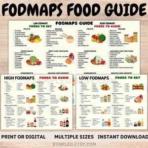 May include: A printable FODMAP food guide with a wooden background. The guide is divided into three sections: Low FODMAPS Foods to Eat, FODMAPS Guide, and High FODMAPS Foods to Avoid. Each section lists foods to eat and avoid for each food group, including fruits, vegetables, grains, meat and proteins, legumes and proteins, snacks and dessert, and condiments.