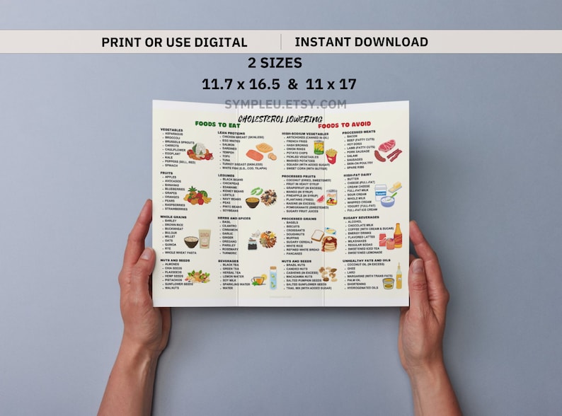 Cholesterol Lowering Food List, Lower Cholesterol Food Guide for Cholesterol Lowering Grocery List & Meal Plan, Low Cholesterol Foods Poster