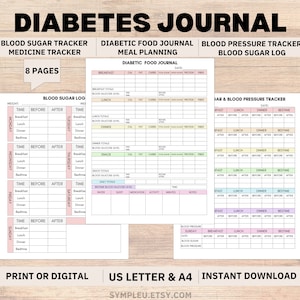 Diabetesdagboek, bloedsuikertracker, dagboek diabetisch voedsel, bloeddruk, diabetesplanner, bloedsuikerlogboek, diabetes type 2, pdf