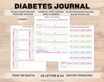 Diabetes Journal, Blood Sugar Tracker, Diabetic Food Journal, Blood Pressure, Diabetes Planner, Blood Sugar Log Book, Type 2 diabetes, PDF