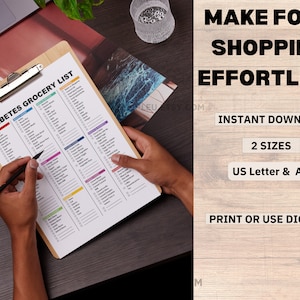 Diabetes food list for grocery shopping being checked off on paper clipboard