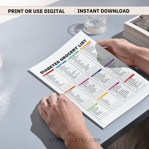 Printed diabetes grocery food list on table