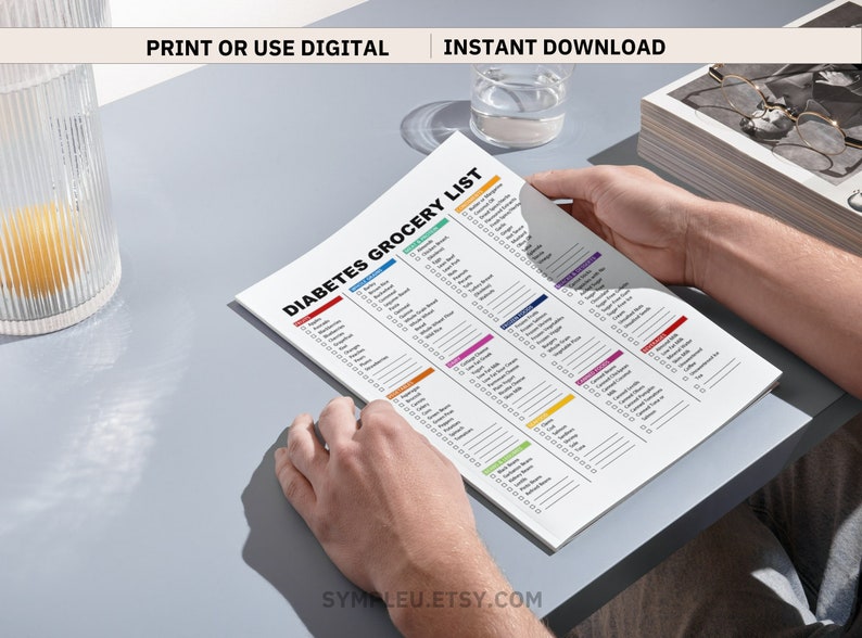 Printed diabetes grocery food list on table