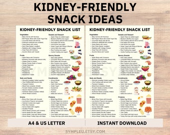 May include: A printable kidney-friendly snack list with two columns of food ideas. The left column is labeled "Kidney-Friendly Snack List" and the right column is labeled "Kidney-Friendly Snack List". The list includes vegetables, fruits, nuts and seeds, grains, proteins, sweets and desserts, and savory snacks. The list is in a white font on a light blue background. The bottom of the page says "A4 & US Letter" on the left and "Instant Download" on the right.