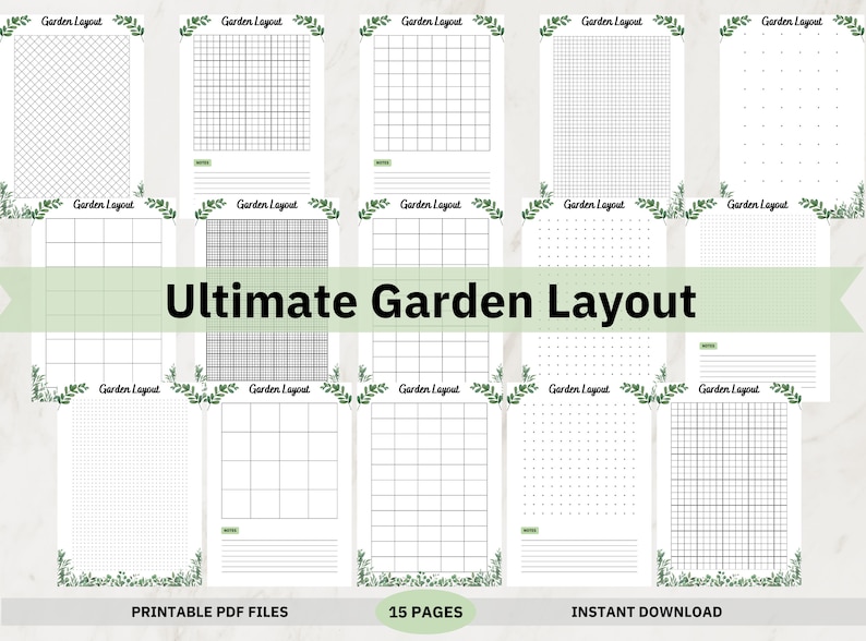 May include: Printable garden layout planner with 15 pages of different grid styles. The pages are white with black lines and include a title that says "Garden Layout".