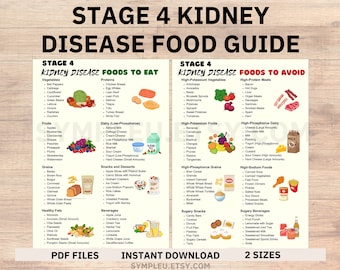 May include: A printable guide for stage 4 kidney disease, with a list of foods to eat and foods to avoid. The guide is divided into categories such as vegetables, fruits, grains, dairy, snacks, and beverages. The guide includes images of the foods listed.