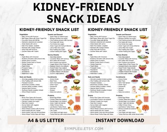 May include: A printable kidney-friendly snack list with two columns of food categories, including vegetables, fruits, nuts and seeds, grains, proteins, sweets and desserts, and savory snacks. The list includes a variety of healthy snack options for people with kidney disease.
