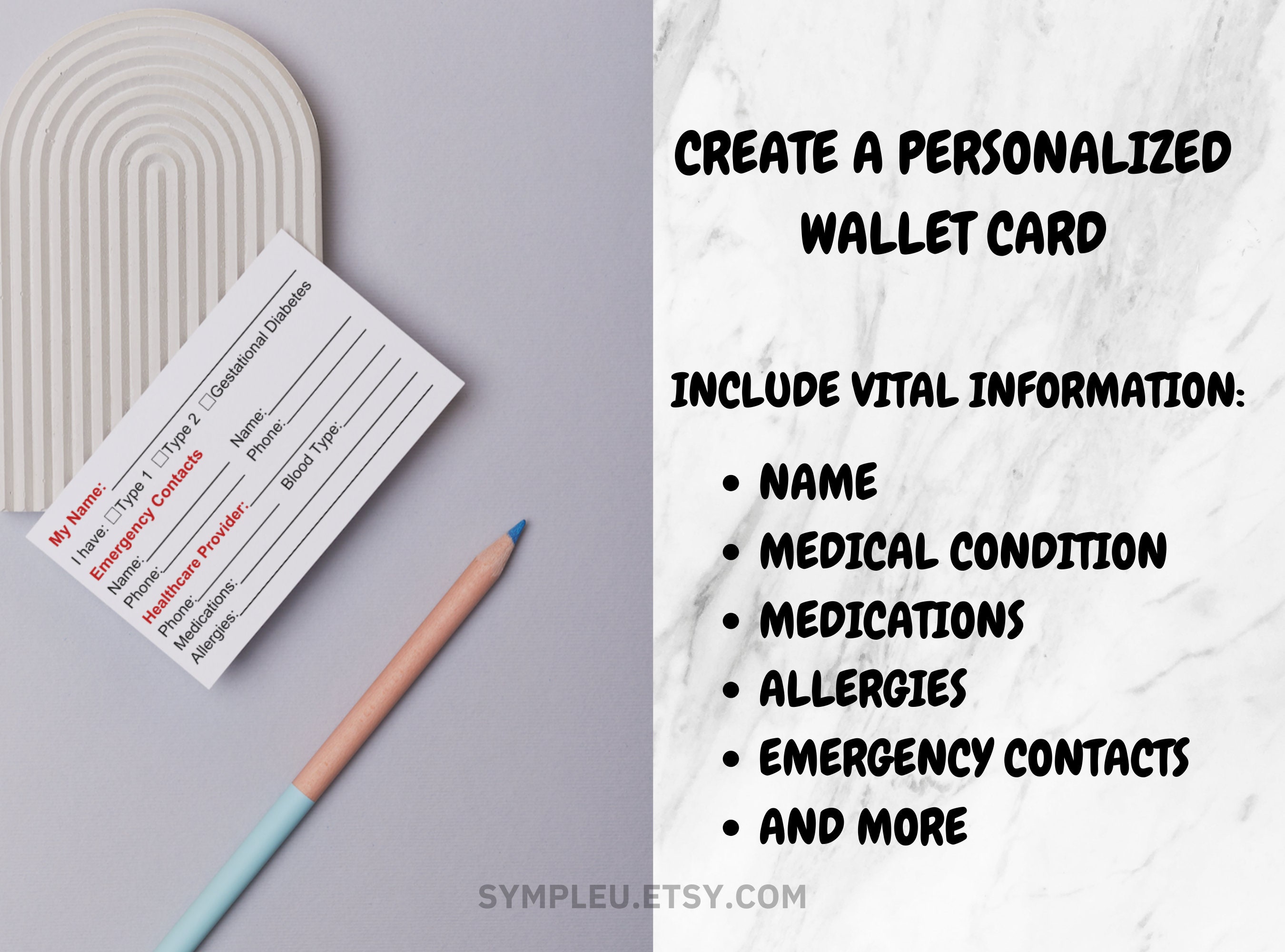 Diabetes Wallet Card, Diabetic Alert Card, Emergency ID Card, Medical