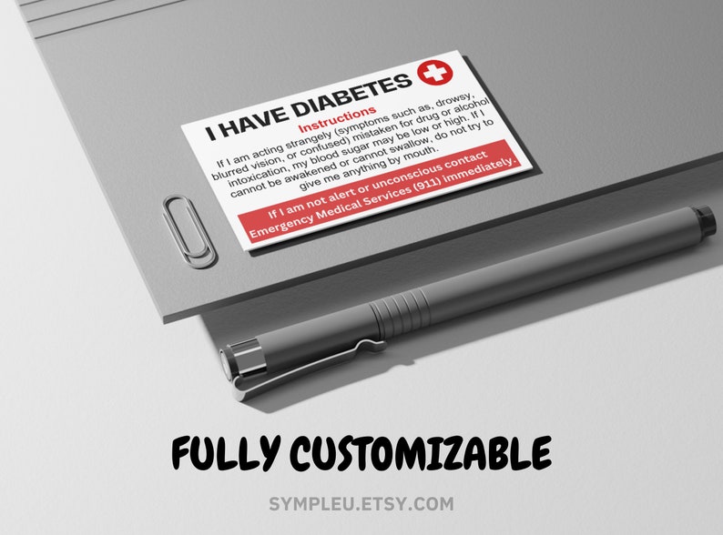 Diabetes Wallet Card, Diabetic Alert Card, Emergency ID Card, Medical