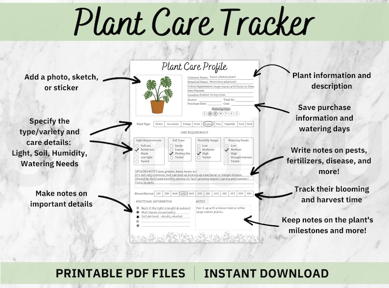 Plant Care Tracker that is Printable and includes Watering Schedule, Garden Tracker, Plant Records.