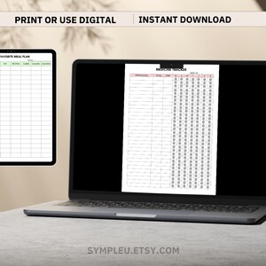 Może przedstawiać: Laptop wyświetlający drukowany tracker lek&oacute;w i plan posiłk&oacute;w. Tracker lek&oacute;w zawiera sekcję na leki, dawkę, czas i dni tygodnia. Plan posiłk&oacute;w zawiera sekcje na datę, jedzenie, tłuszcz, białko, węglowodany, cukier i kalorie.