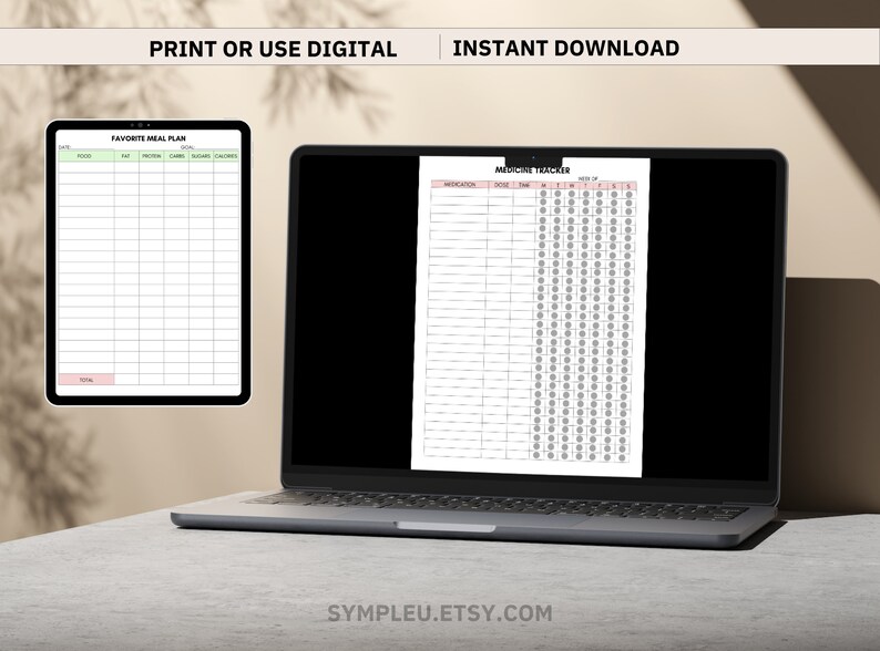 Może przedstawiać: Laptop wyświetlający drukowany tracker lek&oacute;w i plan posiłk&oacute;w. Tracker lek&oacute;w zawiera sekcję na leki, dawkę, czas i dni tygodnia. Plan posiłk&oacute;w zawiera sekcje na datę, jedzenie, tłuszcz, białko, węglowodany, cukier i kalorie.