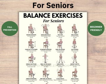 Balance Exercises For Seniors, Fall Prevention Chair Exercises for Seniors, Elderly Chair Yoga & Standing Stretching Mobility Workout Poster