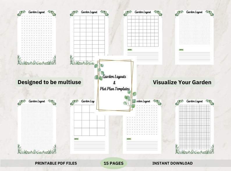 May include: Printable garden layout and plot plan templates.  The digital download includes 15 pages with different grid styles for visualizing your garden.