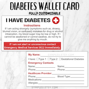 Carte de portefeuille pour diabétiques, Carte d'alerte diabétique, Carte d'identification d'urgence, Carte d'identité médicale, Carte de portefeuille pour diabétiques, Type 1, Type 2, Contacts d'urgence, PDF