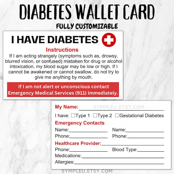 Diabetes Wallet Card, Diabetic Alert Card, Emergency ID card, Medical ID Card, Diabetic Wallet Card, Type 1, Type 2, Emergency Contacts, PDF