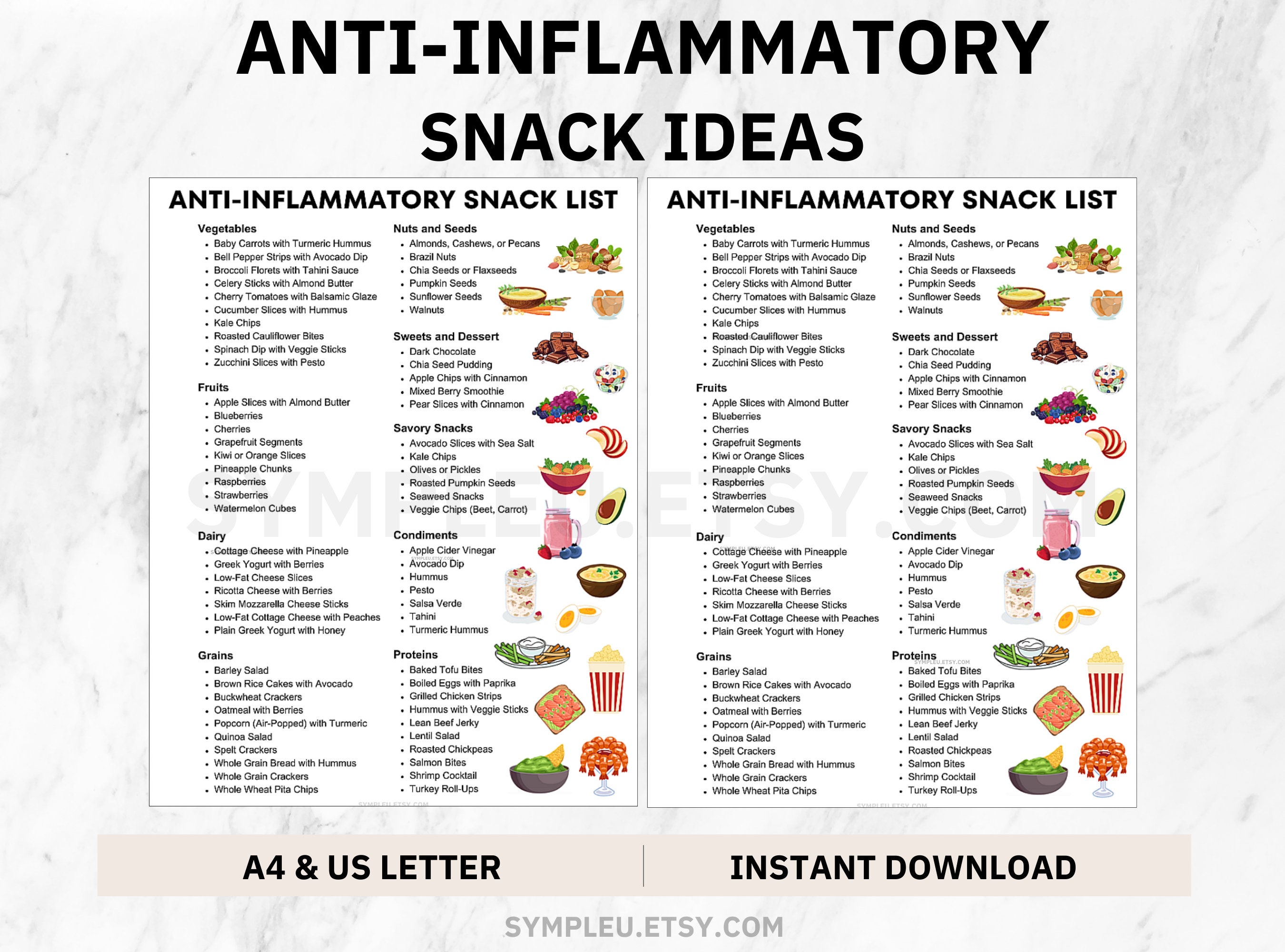 Entzündungshemmende Diät-Snack-Ideen, Snack Liste für Entzündungshemmende Essensplan, Speiseplan, PDF