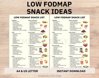 May include: A printable low FODMAP snack list with two columns of food categories: vegetables, fruits, nuts and seeds, grains, proteins, sweets and dessert, and savoury snacks. The list includes a variety of low FODMAP foods, such as radishes, bananas, almonds, brown rice, chicken breast, coconut macaroons, and baked sweet potato fries. The printable is available in A4 and US letter sizes. The text "INSTANT DOWNLOAD" and "SYMPLEU.ETSY.COM" are at the bottom of the printable.