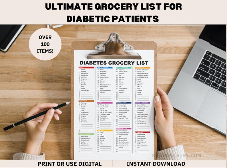 Photo of diabetic diet food list on clipboard paper