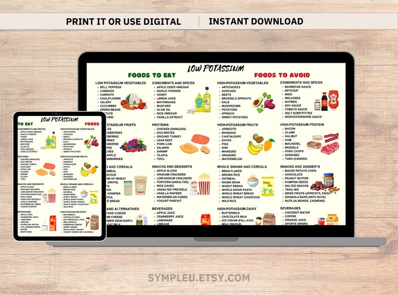 Low Potassium Diet Food List, Kidney Disease, Renal Diet, Potassium Meal Plan Guide, Potassium Foods Chart Poster, Potassium Grocery List