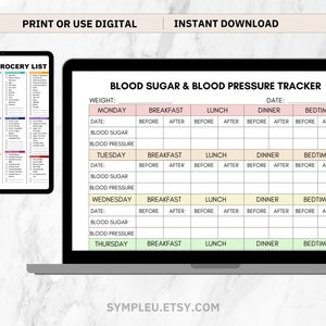 Może przedstawiać: Cyfrowy, drukowany tracker poziomu cukru we krwi i ciśnienia krwi w r&oacute;żowo-zielonej kolorystyce. Tracker zawiera sekcje na wagę, datę, poziom cukru we krwi i ciśnienie krwi dla każdego dnia tygodnia: poniedziałek, wtorek, środa i czwartek. Tracker zawiera r&oacute;wnież sekcje na śniadanie, obiad, kolację i czas snu.