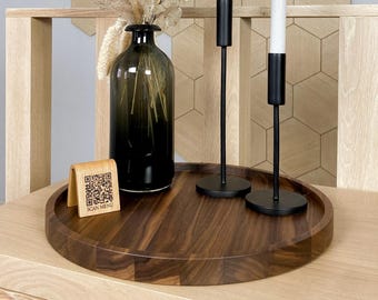 Round wood serving tray for Ottoman. Home decor walnut platter for coffee table.