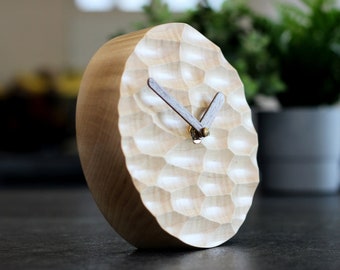 Wooden Table Clock. Desk Clock with Carved Texture, Office Gift