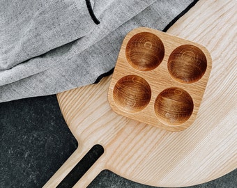 Oak wood egg holder for 4 eggs. Farmhouse Fresh Egg Storage.